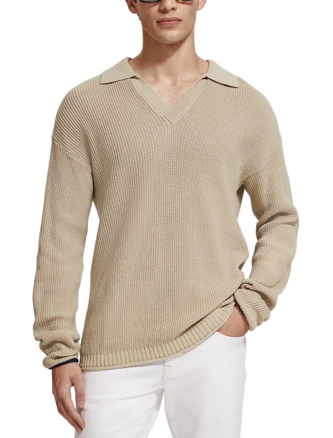 Long Sleeved Knitted Polo Shirt in Pebble | Buster McGee