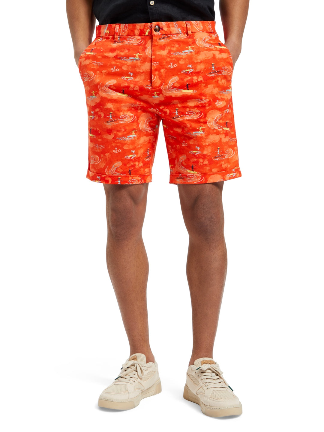 Stuart Printed Stretch Cotton Chino Short in Surfer Boat Red