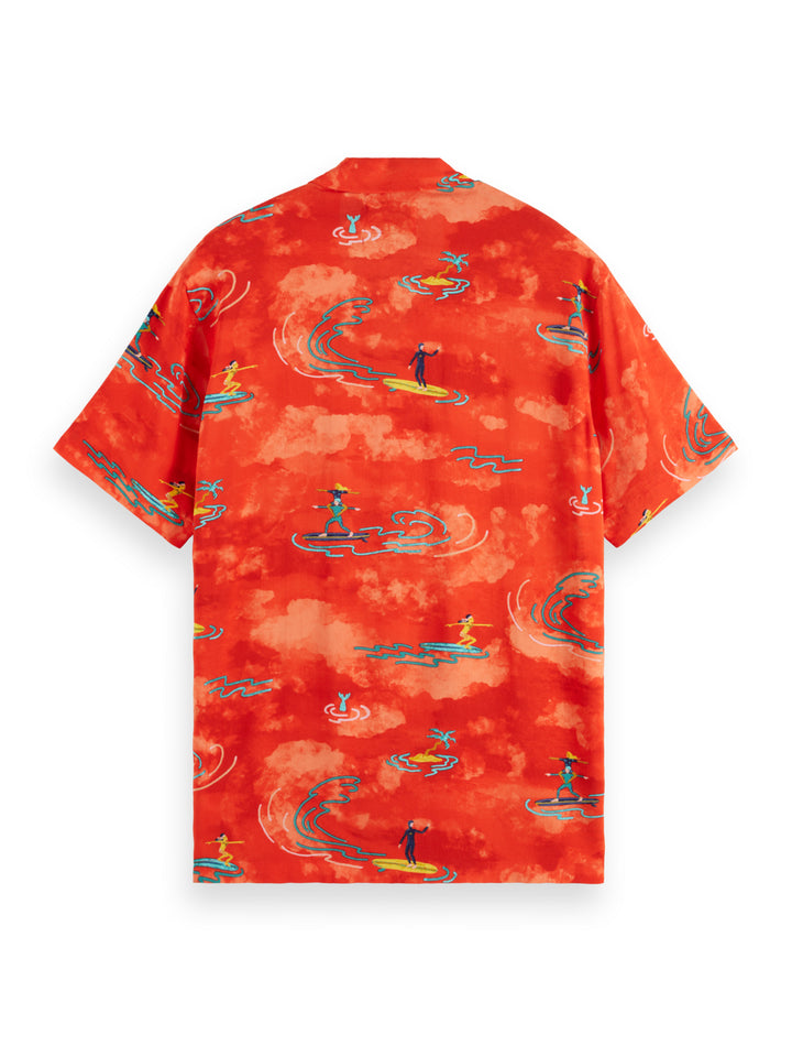 Printed Viscose SS Shirt with Red Surfer All-Over Print | Buster McGee