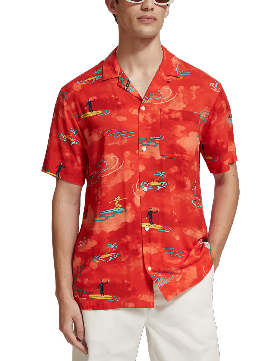 Printed Viscose SS Shirt with Red Surfer All-Over Print | Buster McGee