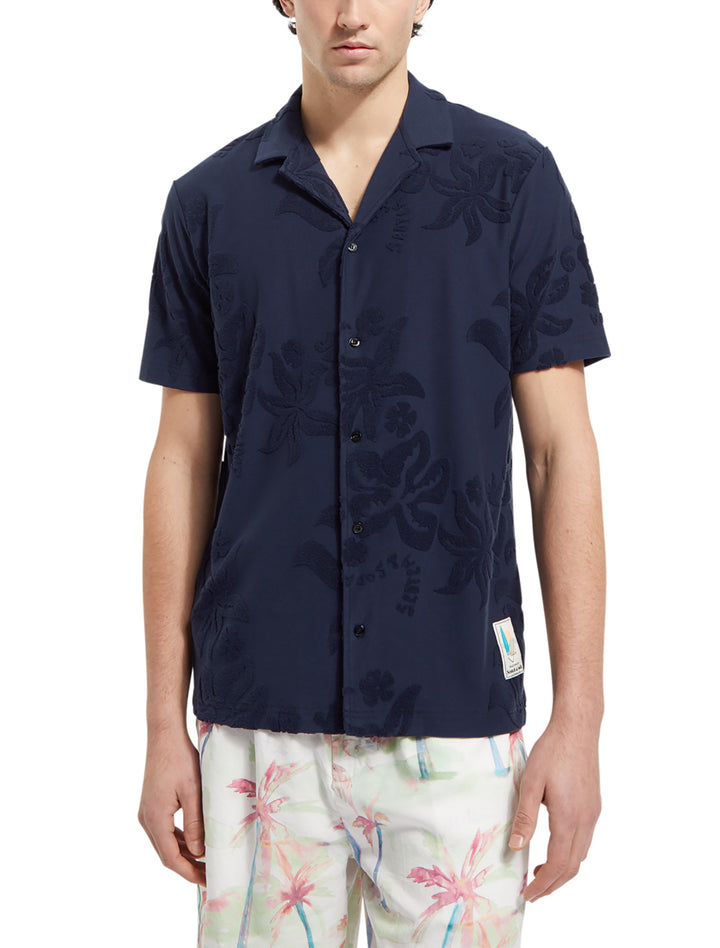 Terry Jacquard Short Sleeve Shirt in Navy Blue | Buster McGee