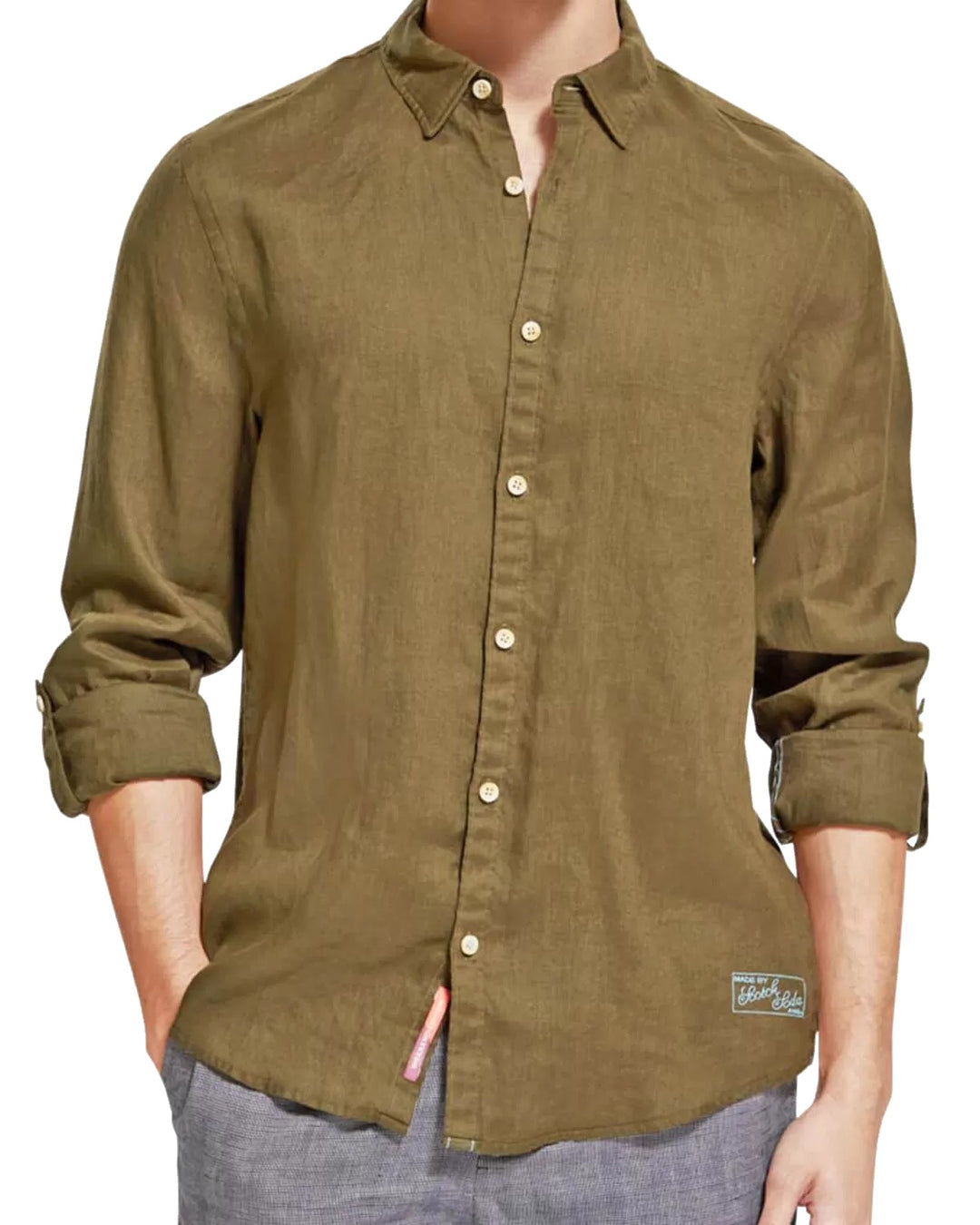 Scotch & Soda Linen Shirt with Roll up Sleeves in Algae | Buster McGee