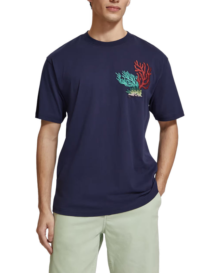 Scotch & Soda Embroidered Coral Tee in Navy Blue | Buster McGee