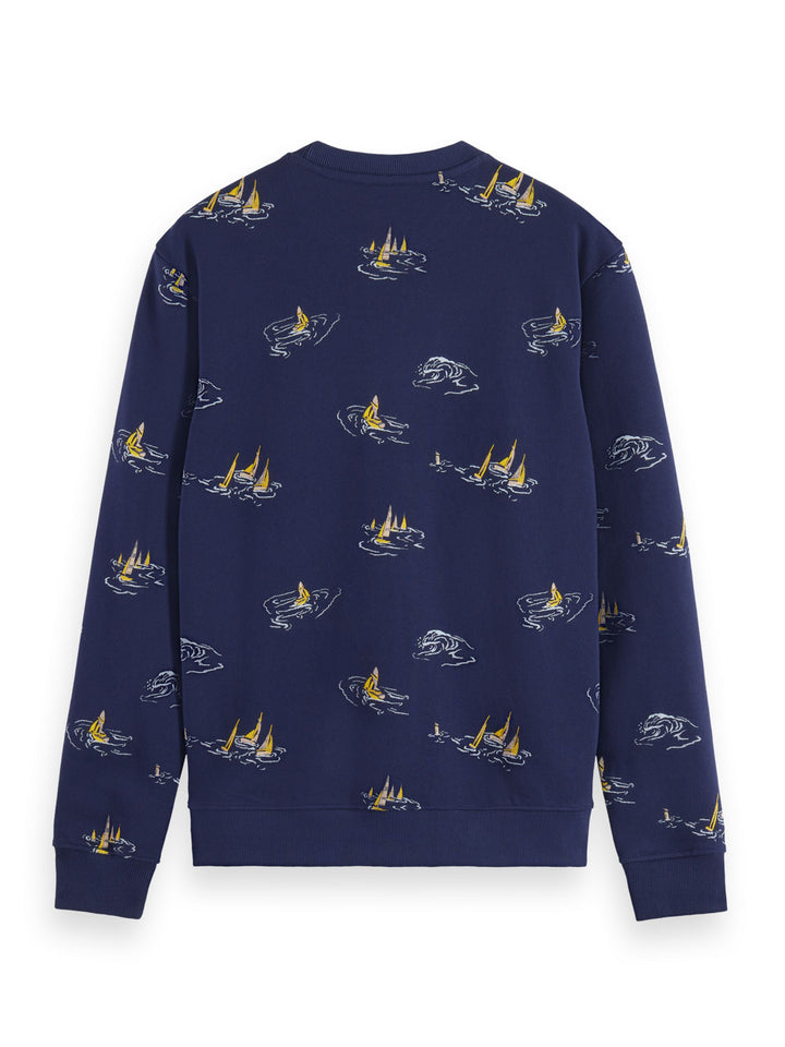 Printed Crewneck Sweatshirt in Navy Sailboat AOP | Buster McGee