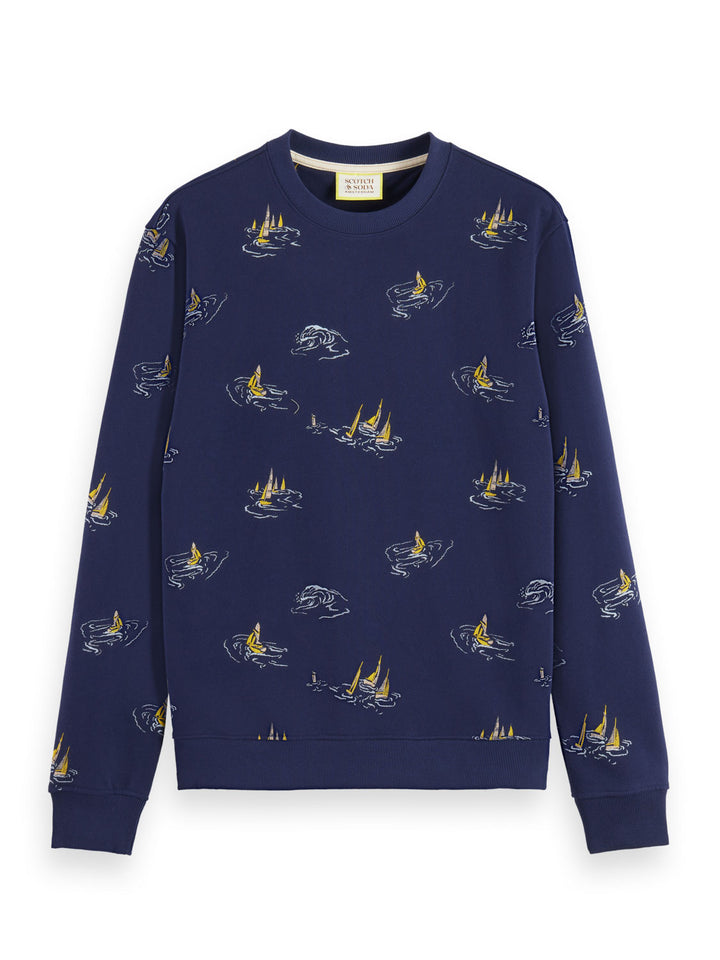 Printed Crewneck Sweatshirt in Navy Sailboat AOP | Buster McGee