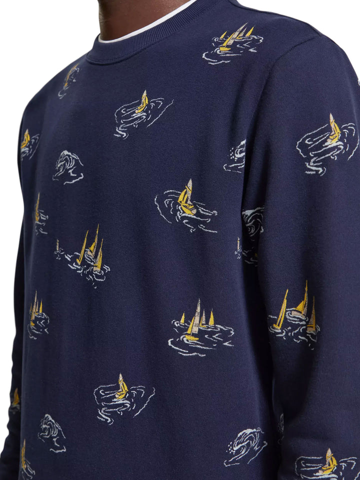 Printed Crewneck Sweatshirt in Navy Sailboat AOP | Buster McGee