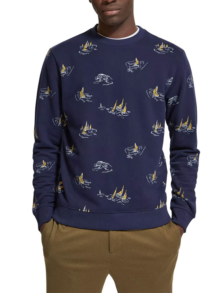 Printed Crewneck Sweatshirt in Navy Sailboat AOP | Buster McGee