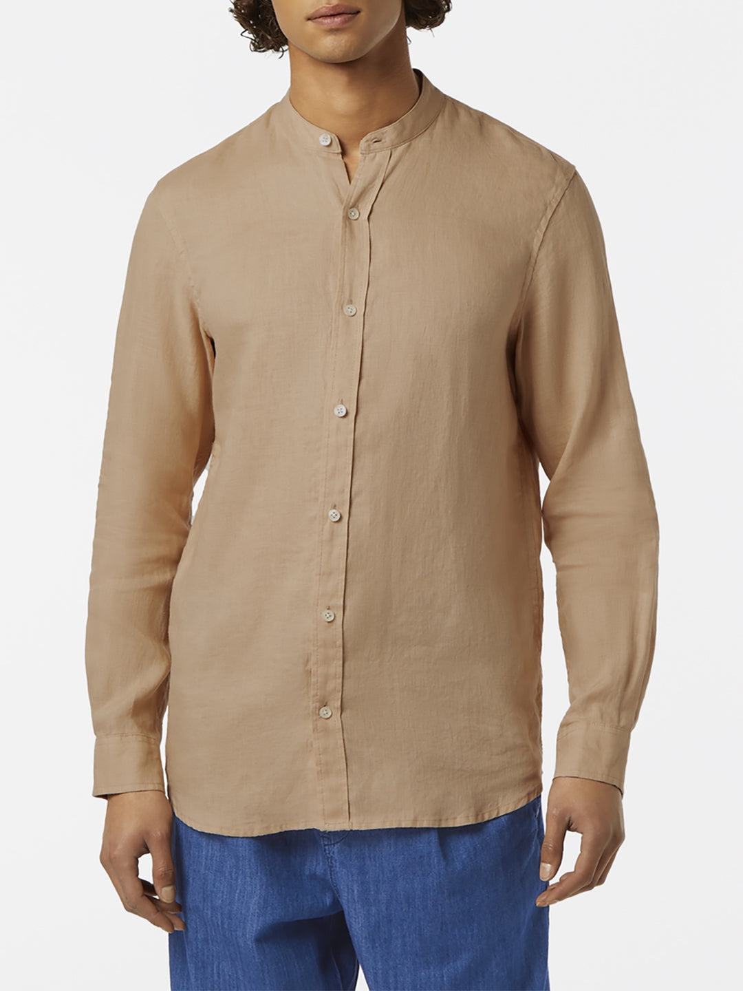 Scotch & Soda Collarless Linen Shirt in Soft Camel | Buster McGee