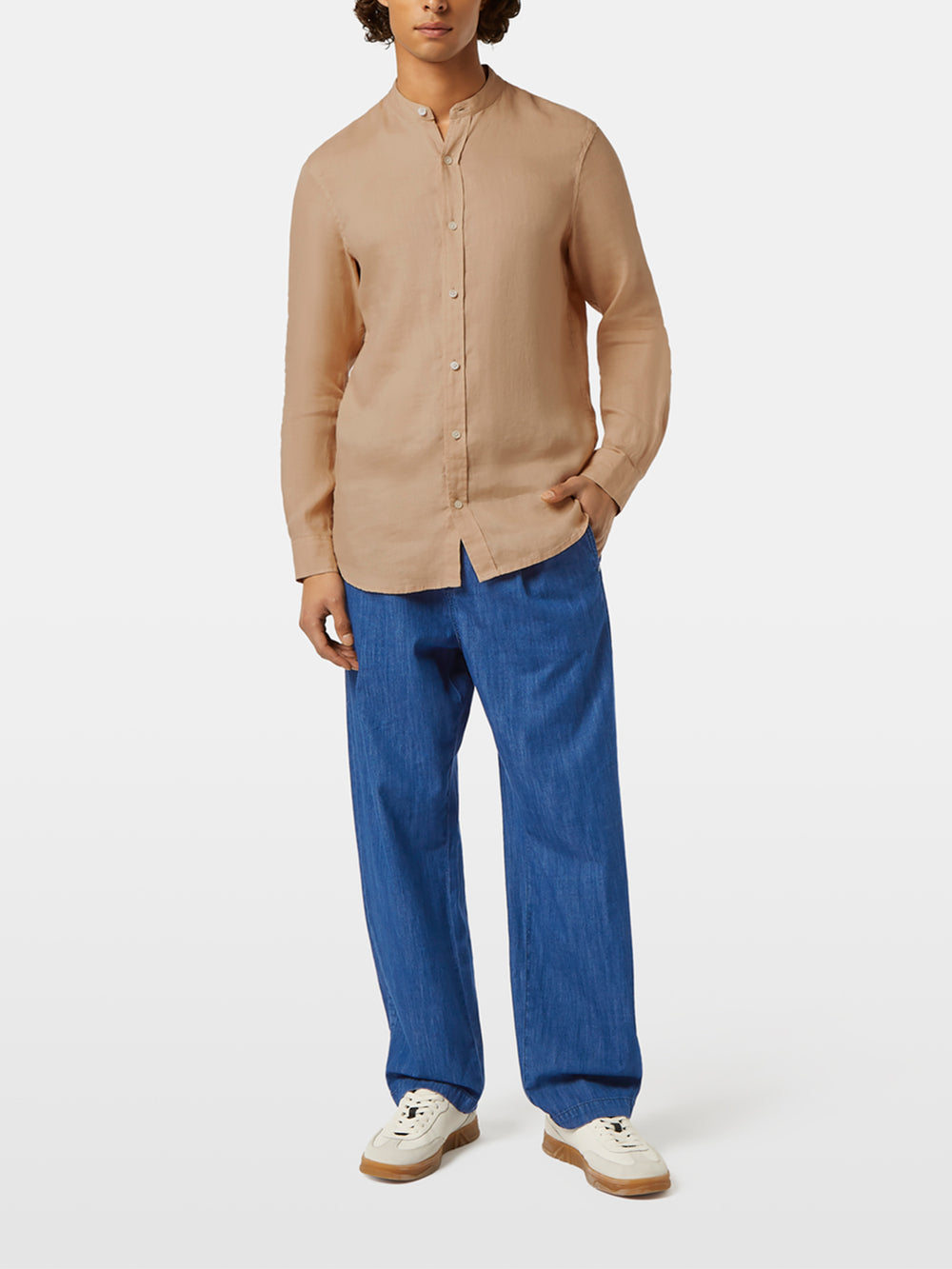 Scotch & Soda Collarless Linen Shirt in Soft Camel | Buster McGee