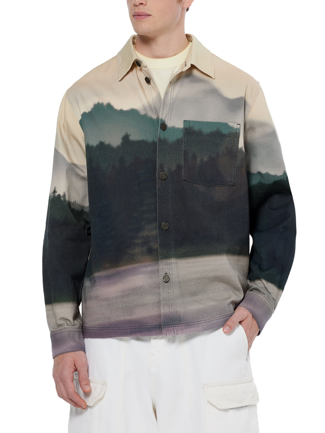 Relaxed Fit Printed Twill Overshirt in Blur Lakehouse | Buster McGee