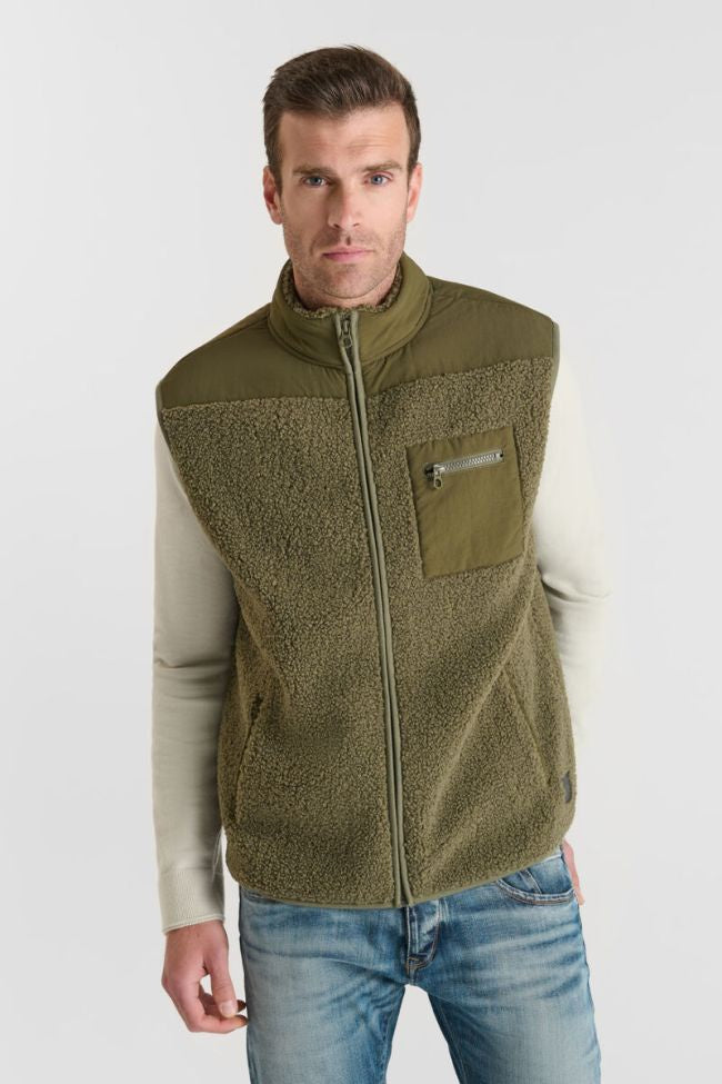Le Temps des Cerises Elso Sleeveless Khaki Sherpa Jacket in Dusty