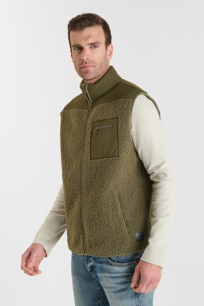 Le Temps des Cerises Elso Sleeveless Khaki Sherpa Jacket in Dusty