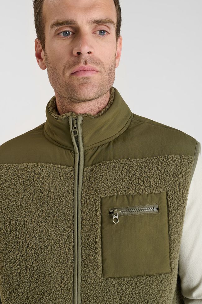 Le Temps des Cerises Elso Sleeveless Khaki Sherpa Jacket in Dusty