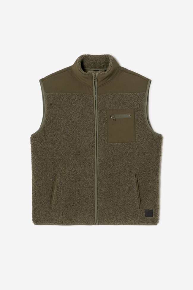 Le Temps des Cerises Elso Sleeveless Khaki Sherpa Jacket in Dusty