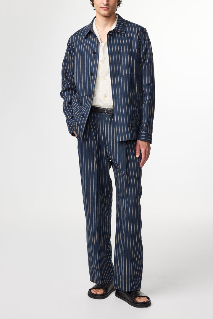 NN07 Olav 1455 Linen Overshirt in Navy Stripe | Buster McGee
