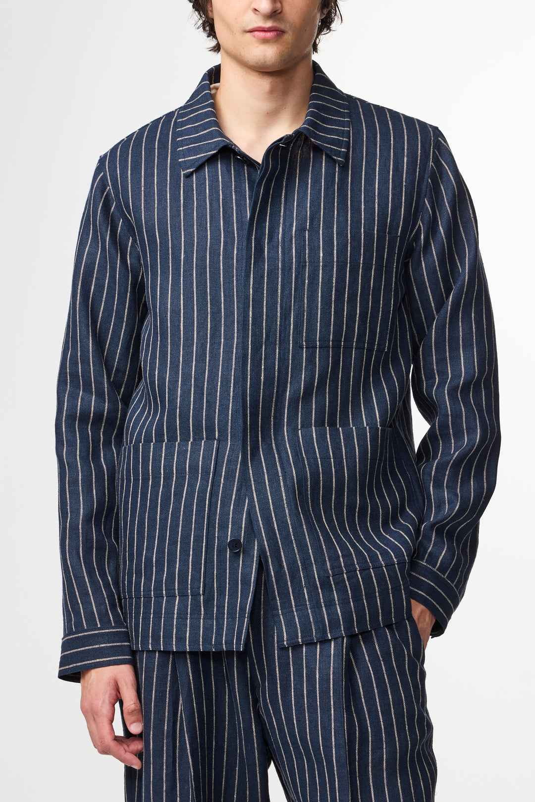 NN07 Olav 1455 Linen Overshirt in Navy Stripe | Buster McGee