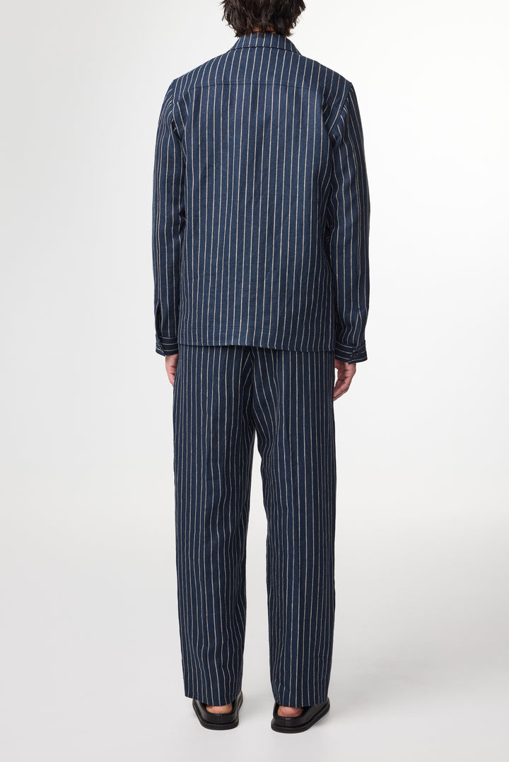 NN07 Olav 1455 Linen Overshirt in Navy Stripe