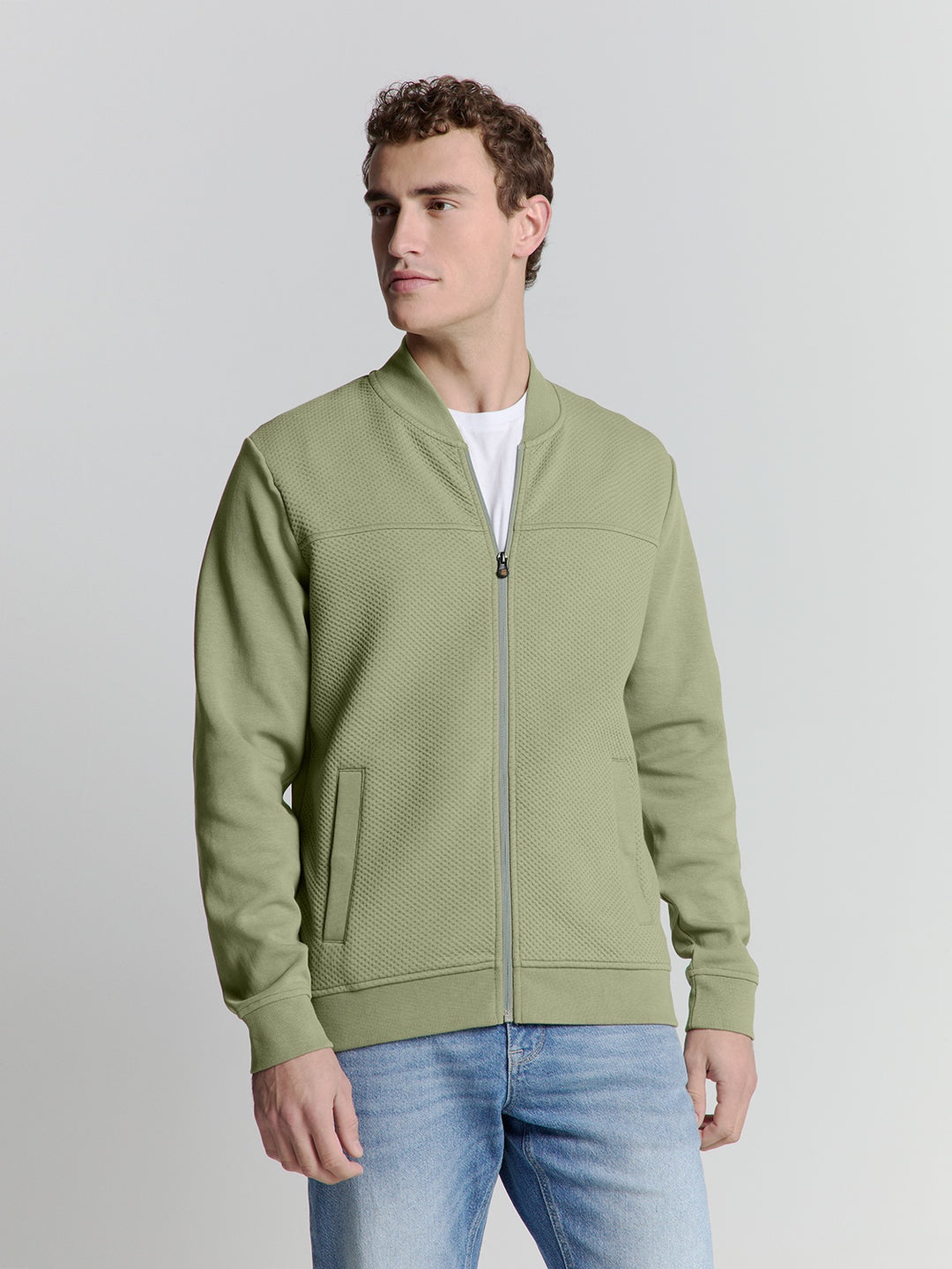 No Excess Full Zipper Jacquard Mix Bomber Sweater in Light Army | Buster McGee