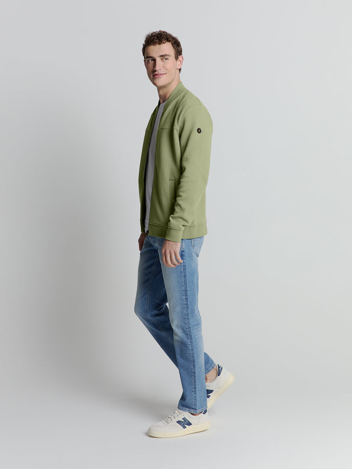 No Excess Full Zipper Jacquard Mix Bomber Sweater in Light Army | Buster McGee