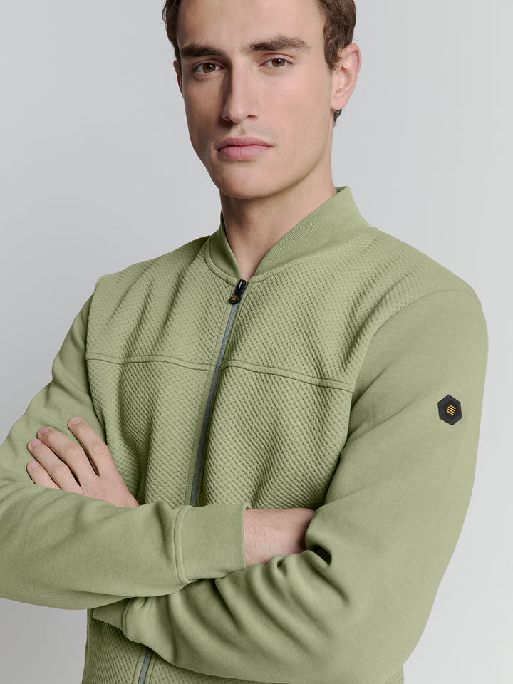 No Excess Full Zipper Jacquard Mix Bomber Sweater in Light Army | Buster McGee