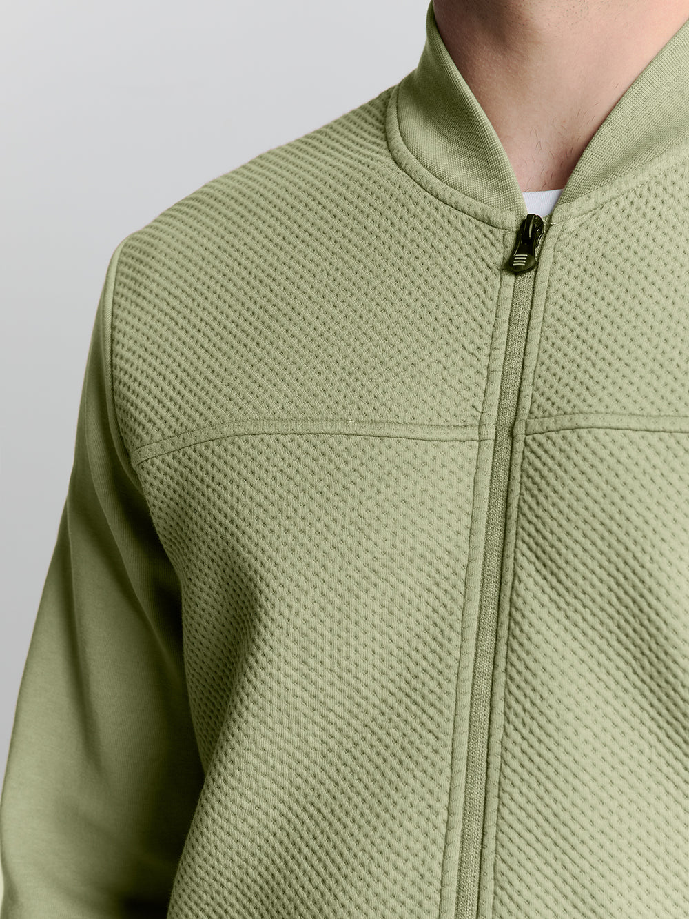 No Excess Full Zipper Jacquard Mix Bomber Sweater in Light Army | Buster McGee