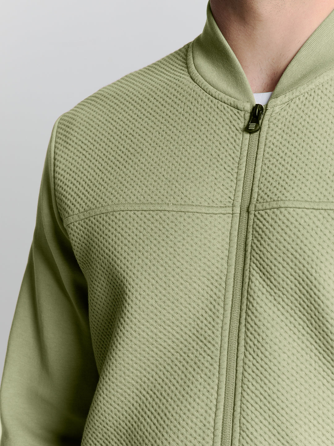 No Excess Full Zipper Jacquard Mix Bomber Sweater in Light Army | Buster McGee