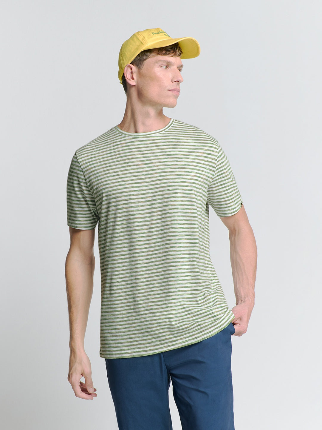 No Excess Crewneck Tee with Multi Coloured Melange Stripes in Green | Buster McGee