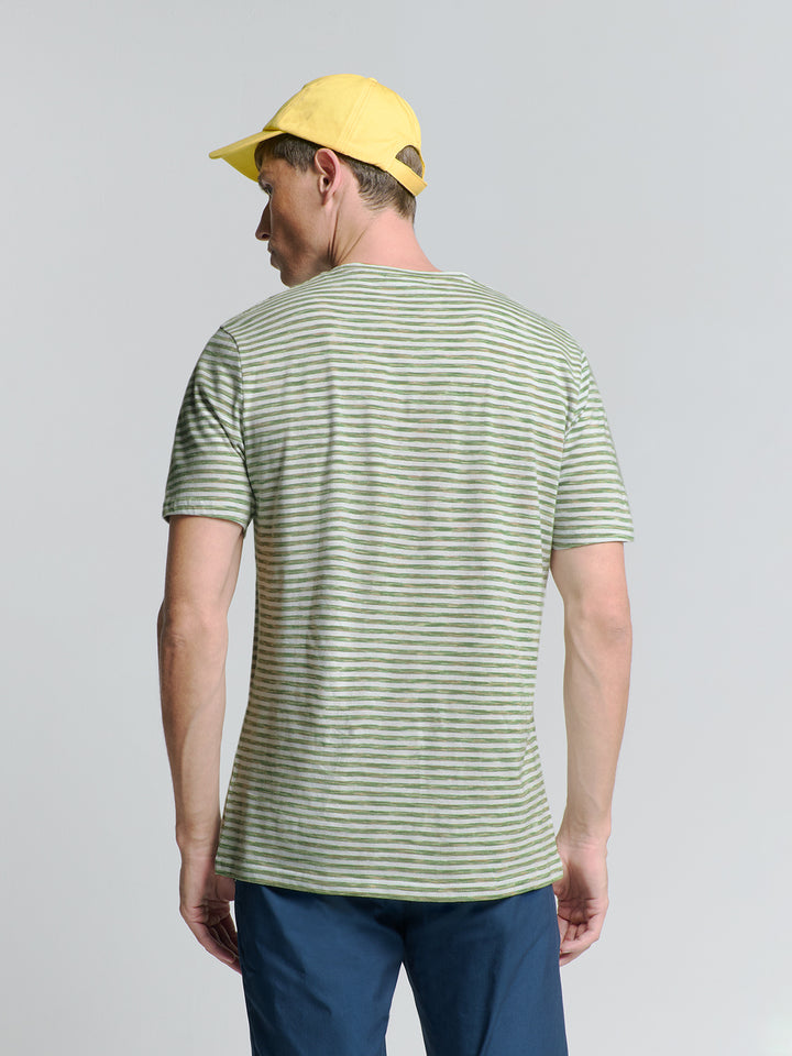 No Excess Crewneck Tee with Multi Coloured Melange Stripes in Green | Buster McGee