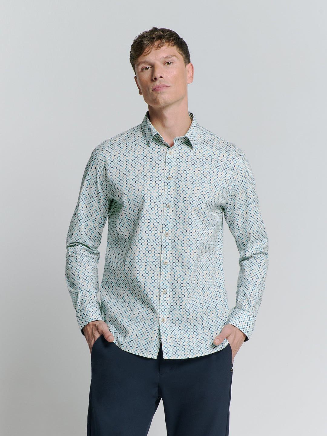 No Excess Allover Printed Stretch Shirt in Sea Blue | Buster McGee