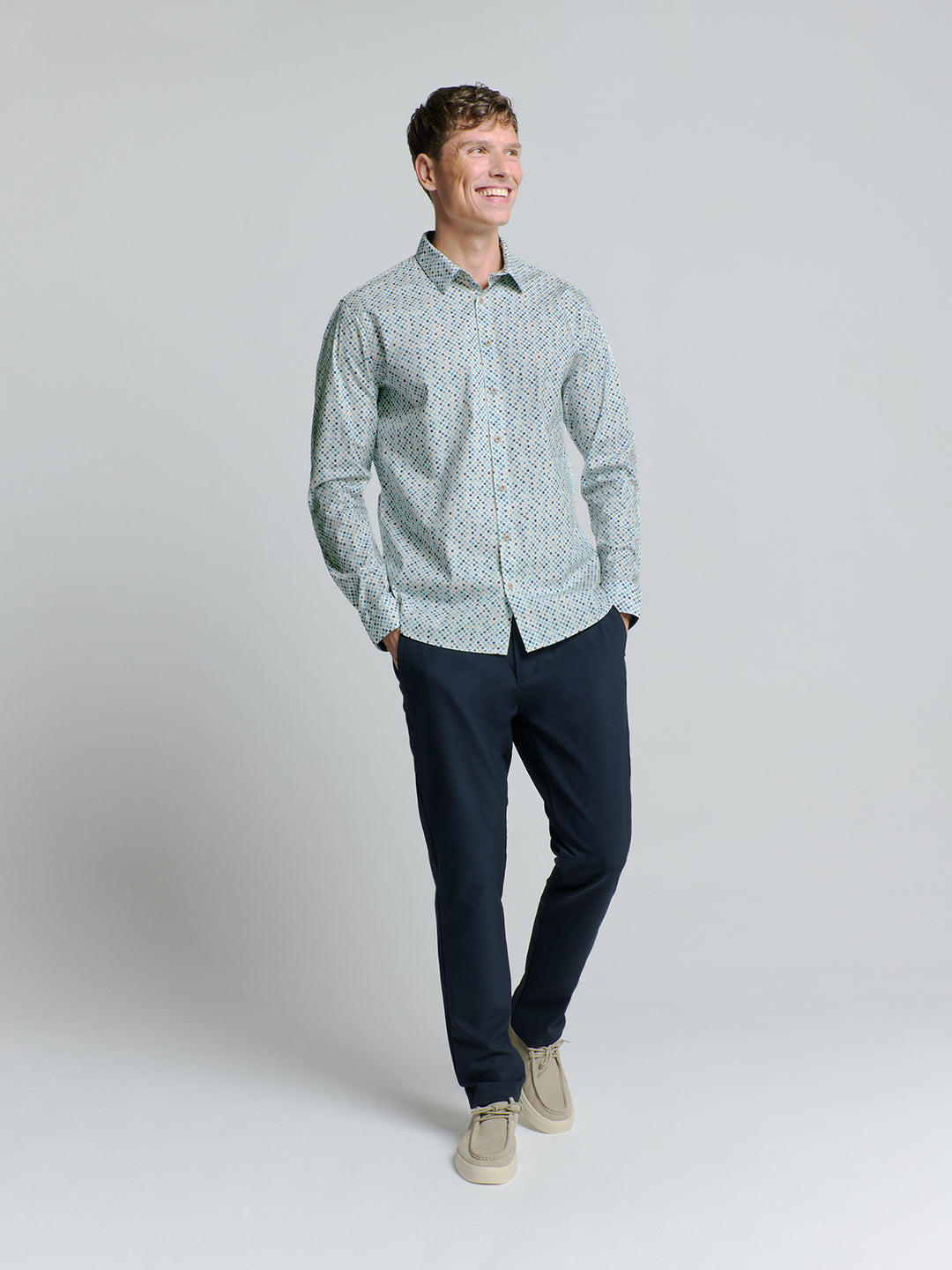 No Excess Allover Printed Stretch Shirt in Sea Blue | Buster McGee