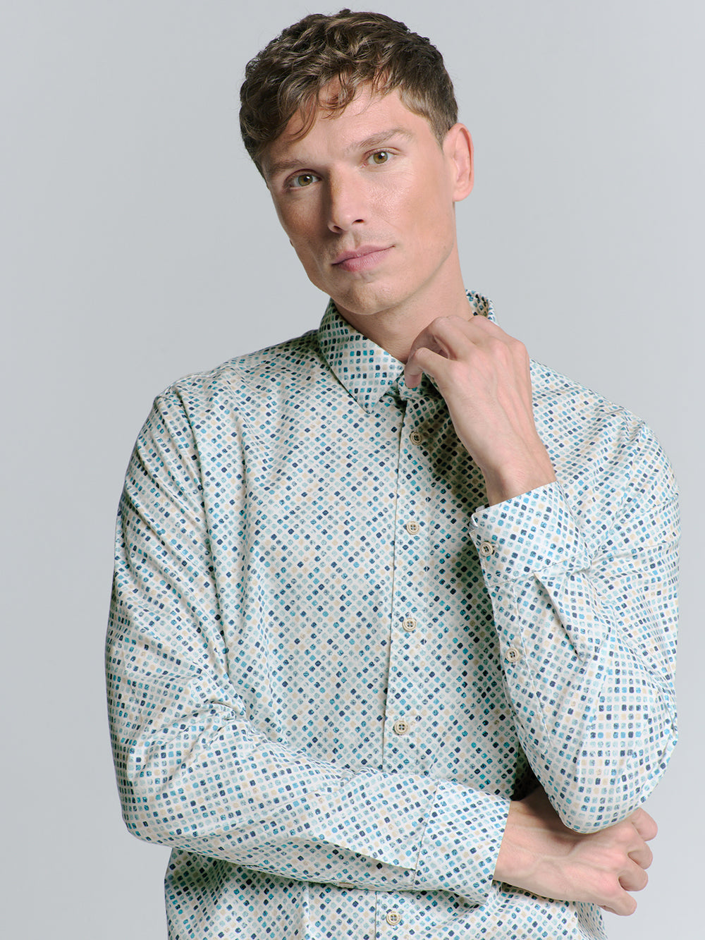 No Excess Allover Printed Stretch Shirt in Sea Blue | Buster McGee