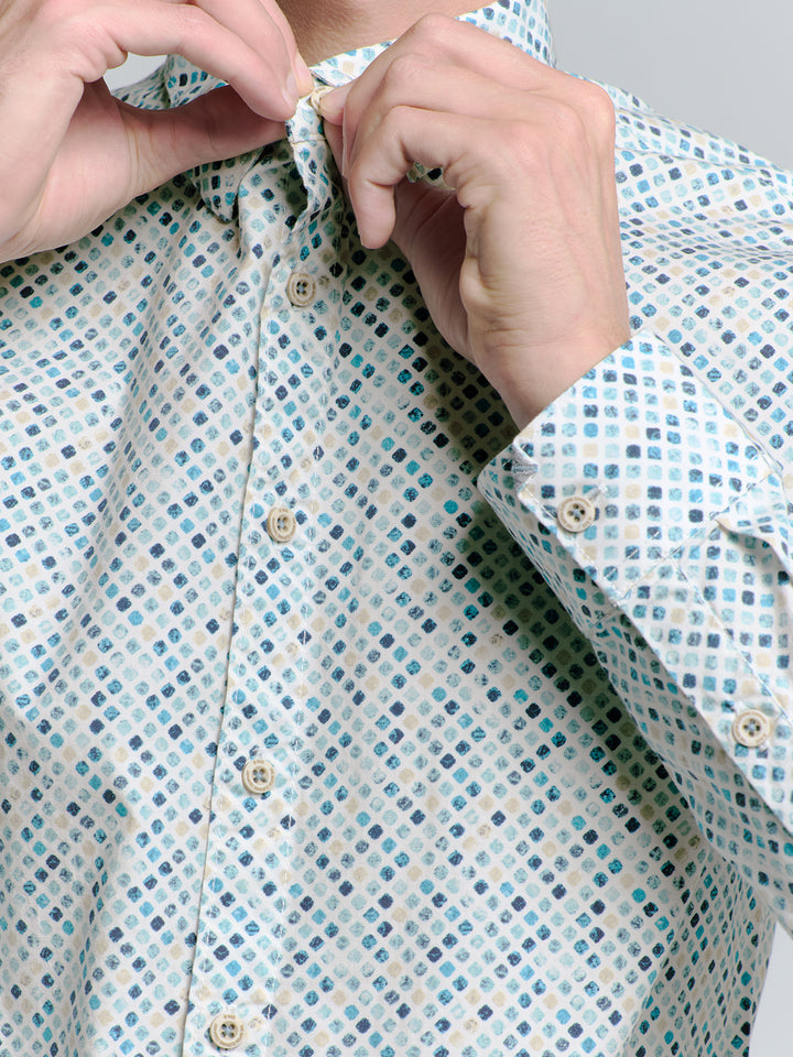 No Excess Allover Printed Stretch Shirt in Sea Blue | Buster McGee