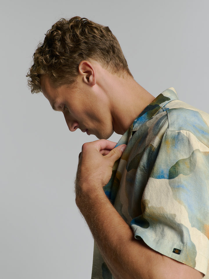 No Excess Allover Printed Spread Collar SS Shirt in Blue Print | Buster McGee
