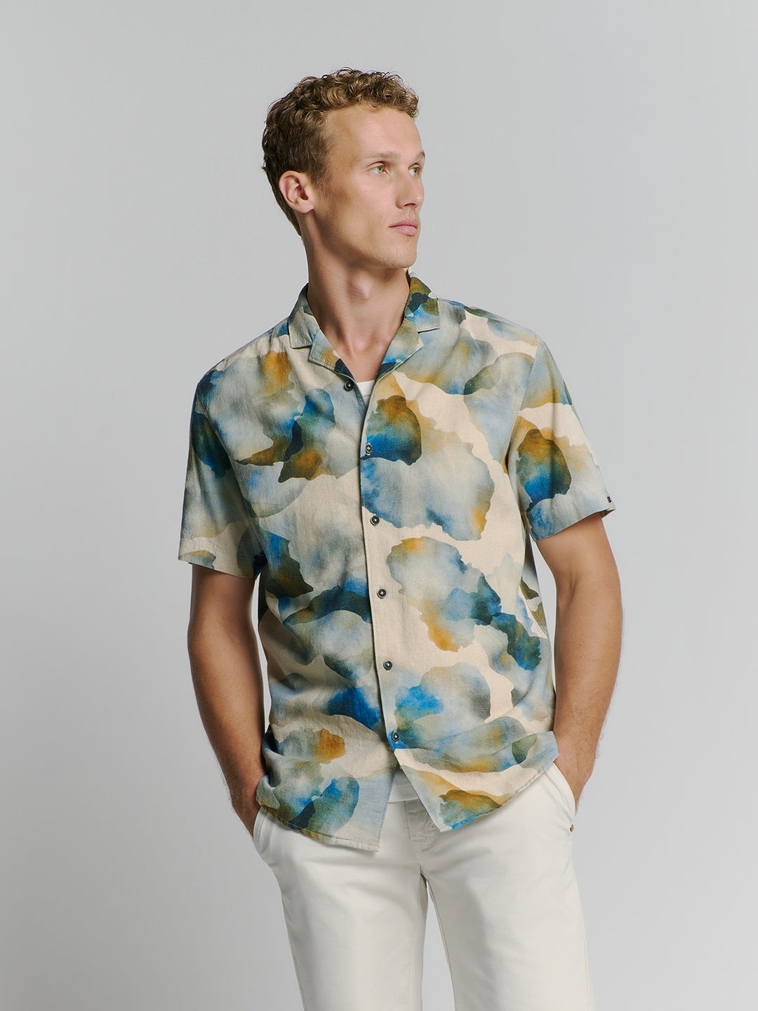 No Excess Allover Printed Spread Collar SS Shirt in Blue Print | Buster McGee