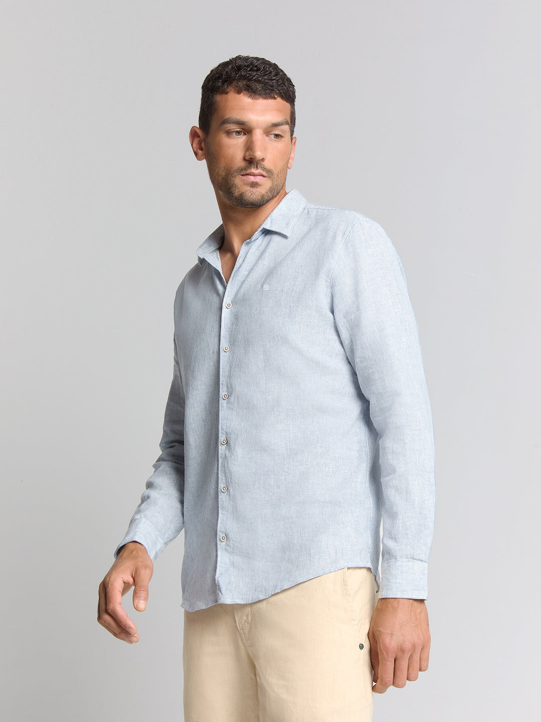 No Excess Cotton-Blend Vertical Striped Shirt in Cloud | Buster McGee