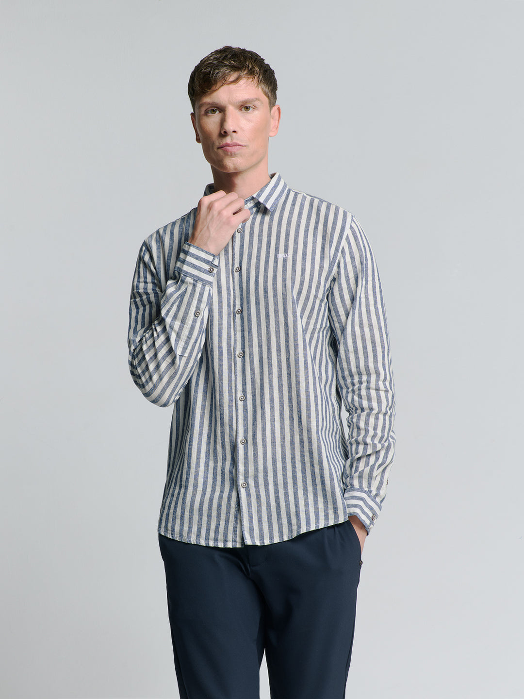 No Excess Cotton-Blend Vertical Striped Shirt in Indigo | Buster McGee