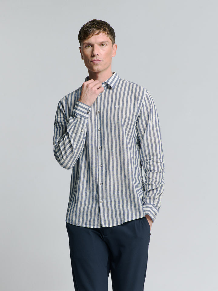 No Excess Cotton-Blend Vertical Striped Shirt in Indigo | Buster McGee
