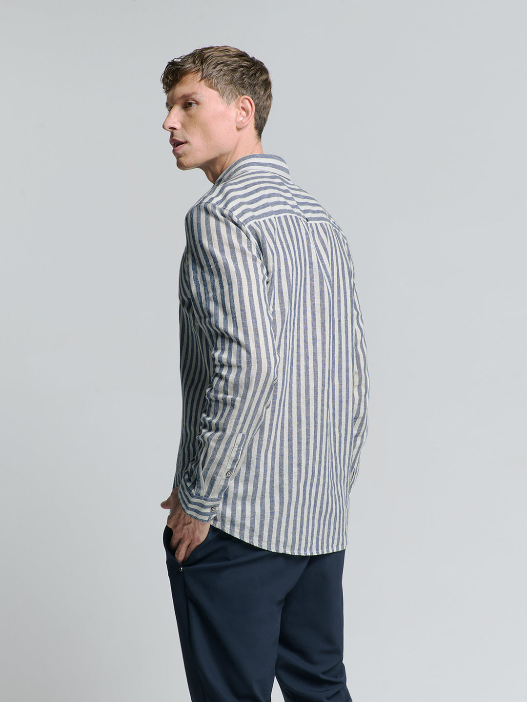 No Excess Cotton-Blend Vertical Striped Shirt in Indigo | Buster McGee