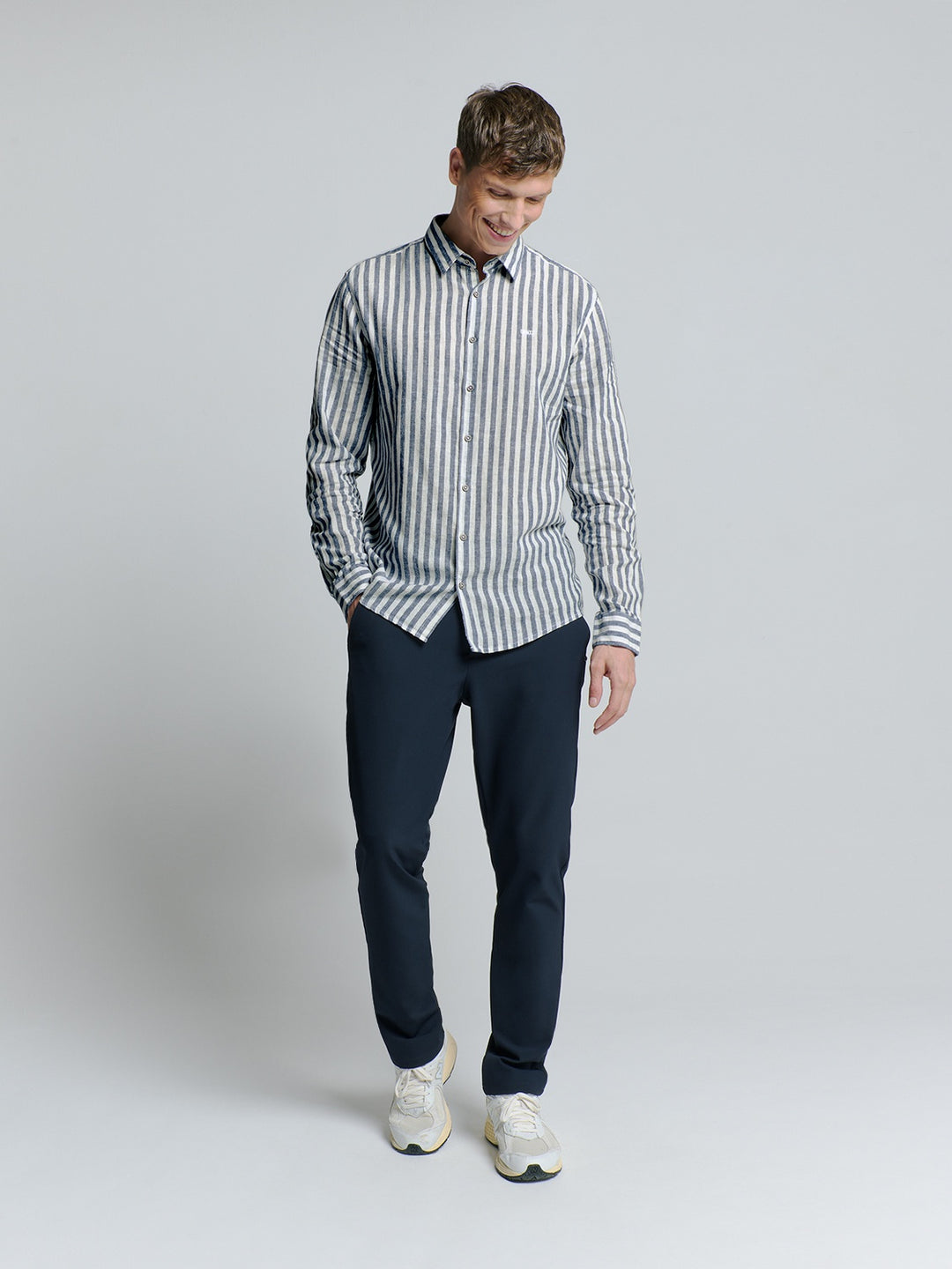 No Excess Cotton-Blend Vertical Striped Shirt in Indigo | Buster McGee