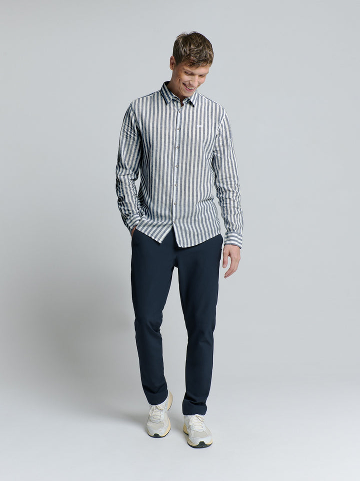 No Excess Cotton-Blend Vertical Striped Shirt in Indigo | Buster McGee