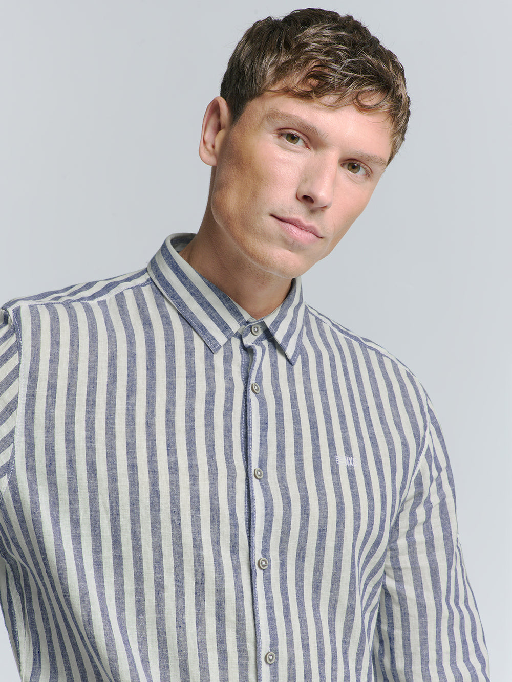 No Excess Cotton-Blend Vertical Striped Shirt in Indigo | Buster McGee