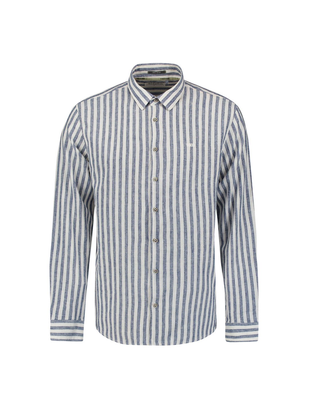 No Excess Cotton-Blend Vertical Striped Shirt in Indigo | Buster McGee