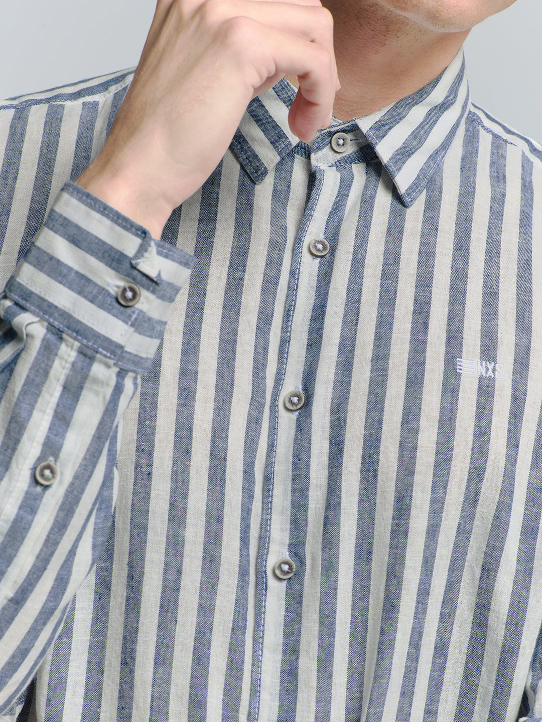 No Excess Cotton-Blend Vertical Striped Shirt in Indigo | Buster McGee