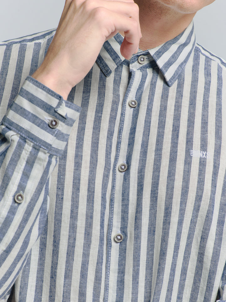 No Excess Cotton-Blend Vertical Striped Shirt in Indigo | Buster McGee