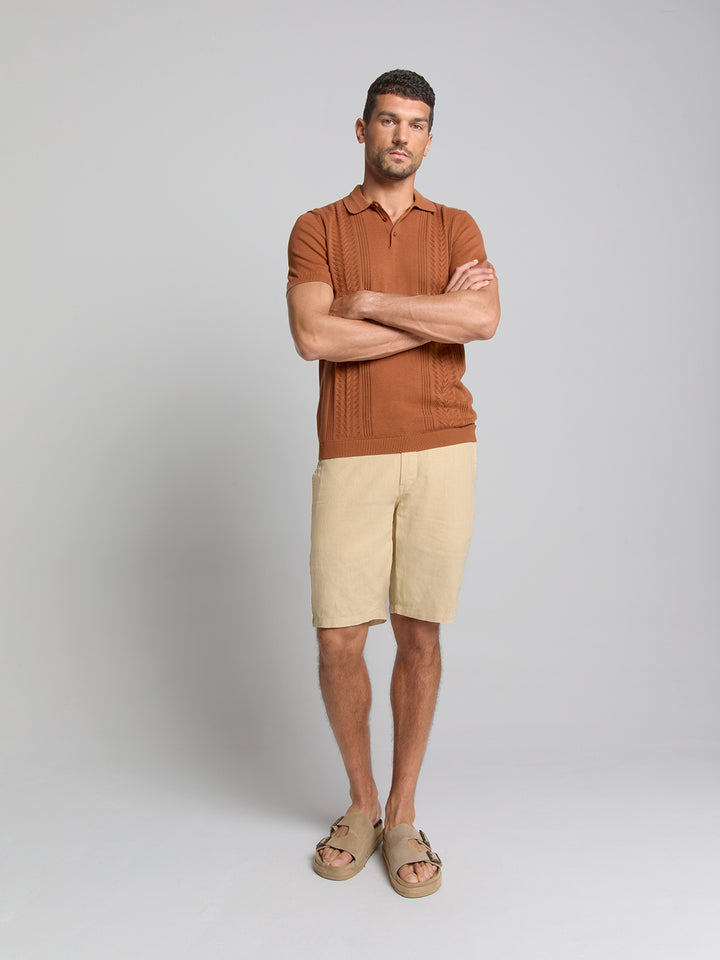 No Excess Short Sleeve Knitted Jacquard Polo in Caramel | Buster McGee