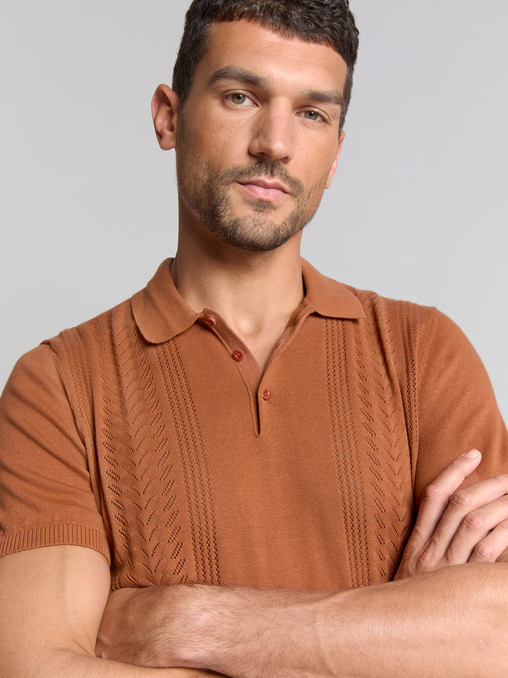 No Excess Short Sleeve Knitted Jacquard Polo in Caramel | Buster McGee