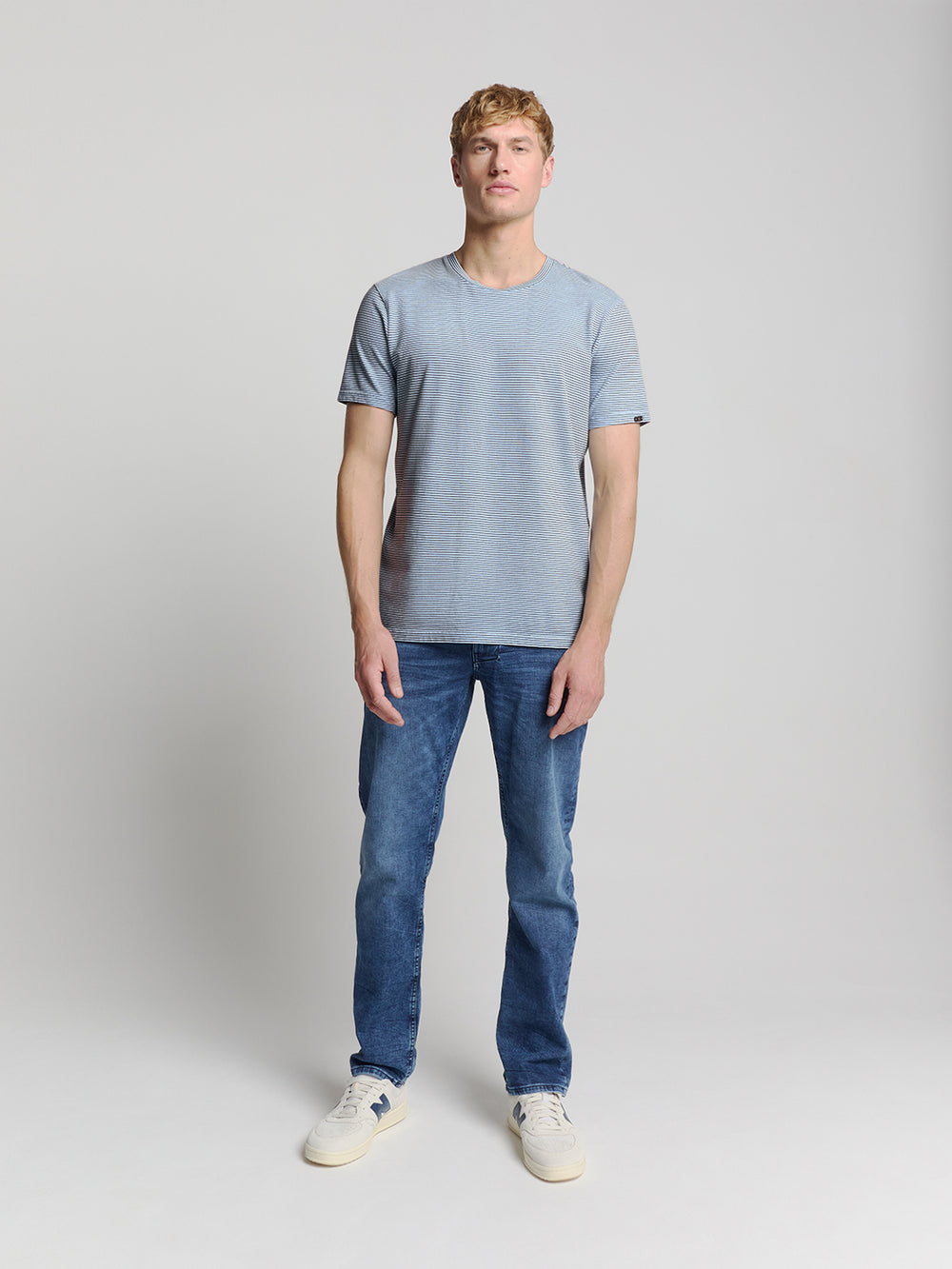 No Excess Crewneck Striped Tee in Sky | Buster McGee