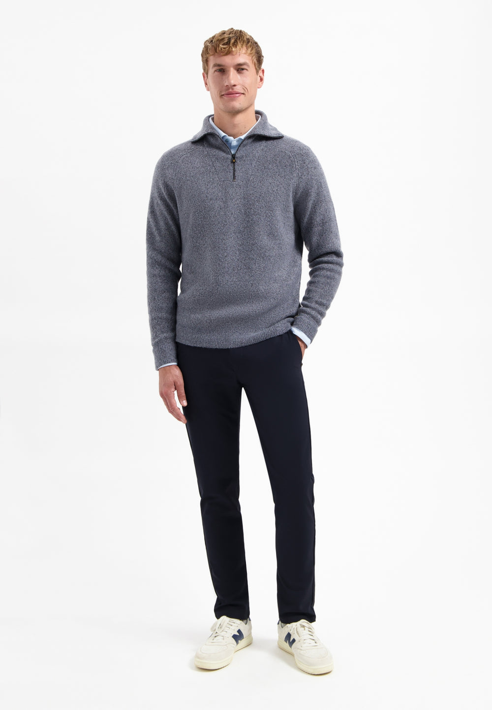 No Excess Wool-Blend Half-Zip Jumper in Washed Blue | Buster McGee