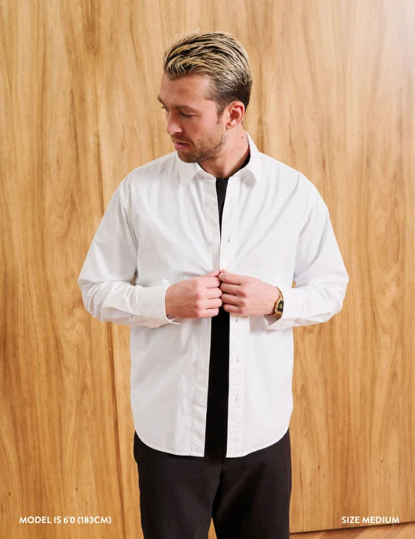 Mr Simple Russel Oversized Long Sleeve Shirt in White | Buster McGee