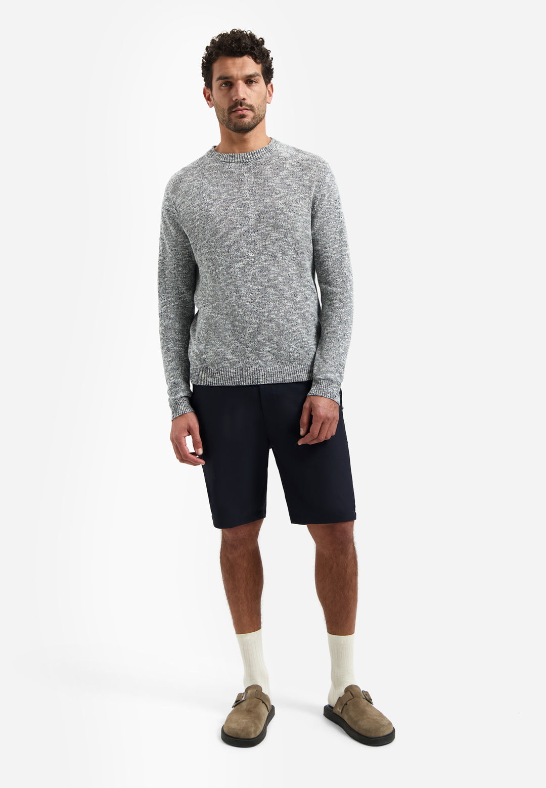 No Excess Melange Slub Crewneck Sweater with Linen in Night